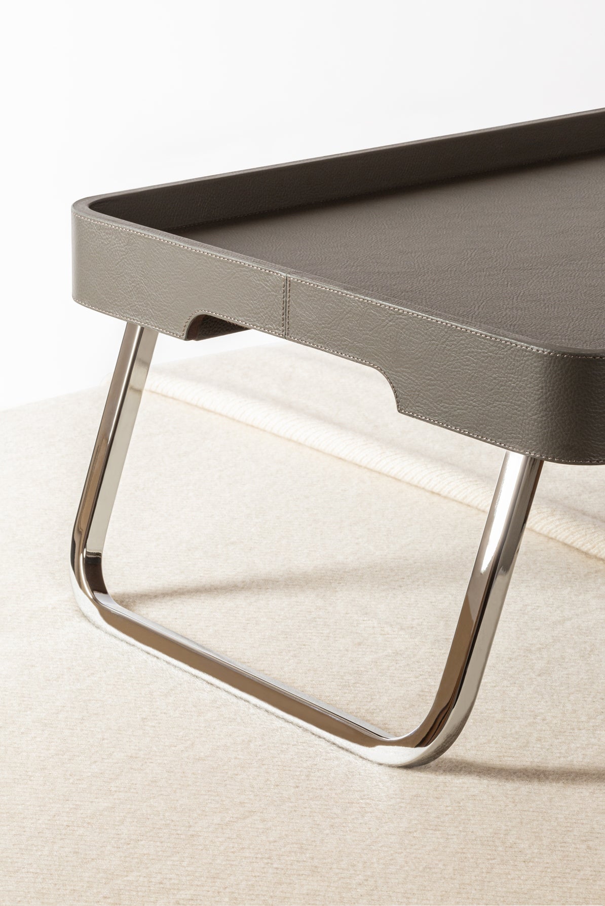 x Poltrona Frau Leather-Covered Wood Bed Tray with Chrome Metal Finishing