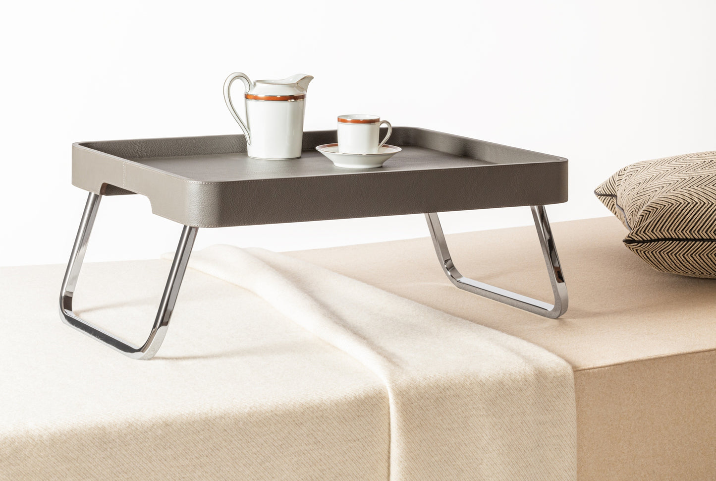 x Poltrona Frau Leather-Covered Wood Bed Tray with Chrome Metal Finishing