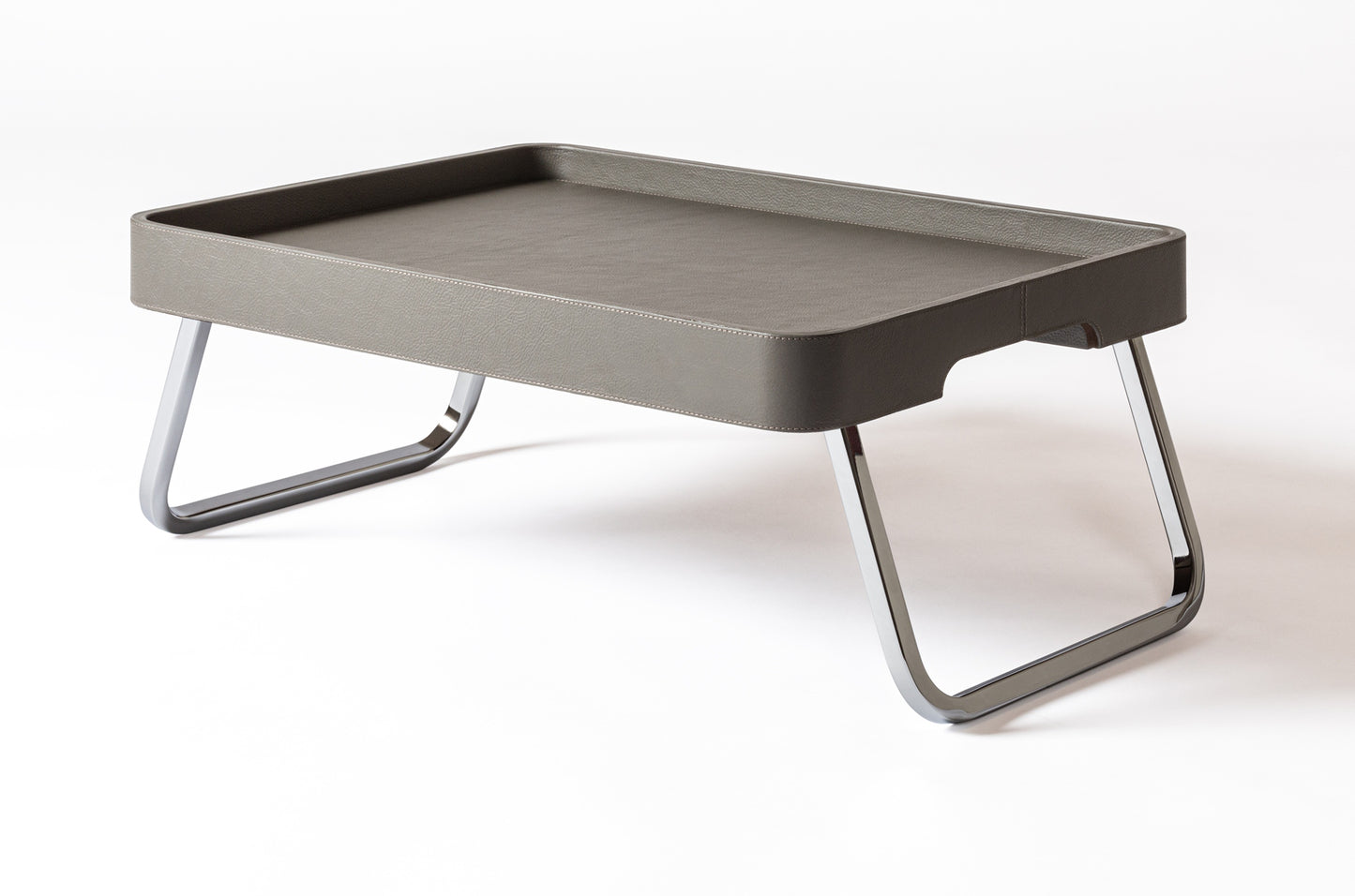 x Poltrona Frau Leather-Covered Wood Bed Tray with Chrome Metal Finishing