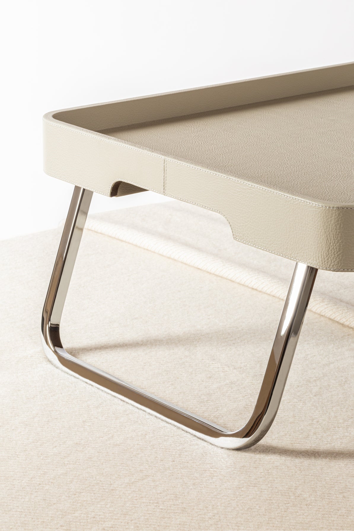 x Poltrona Frau Leather-Covered Wood Bed Tray with Chrome Metal Finishing