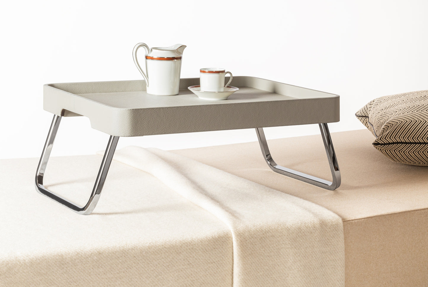 x Poltrona Frau Leather-Covered Wood Bed Tray with Chrome Metal Finishing