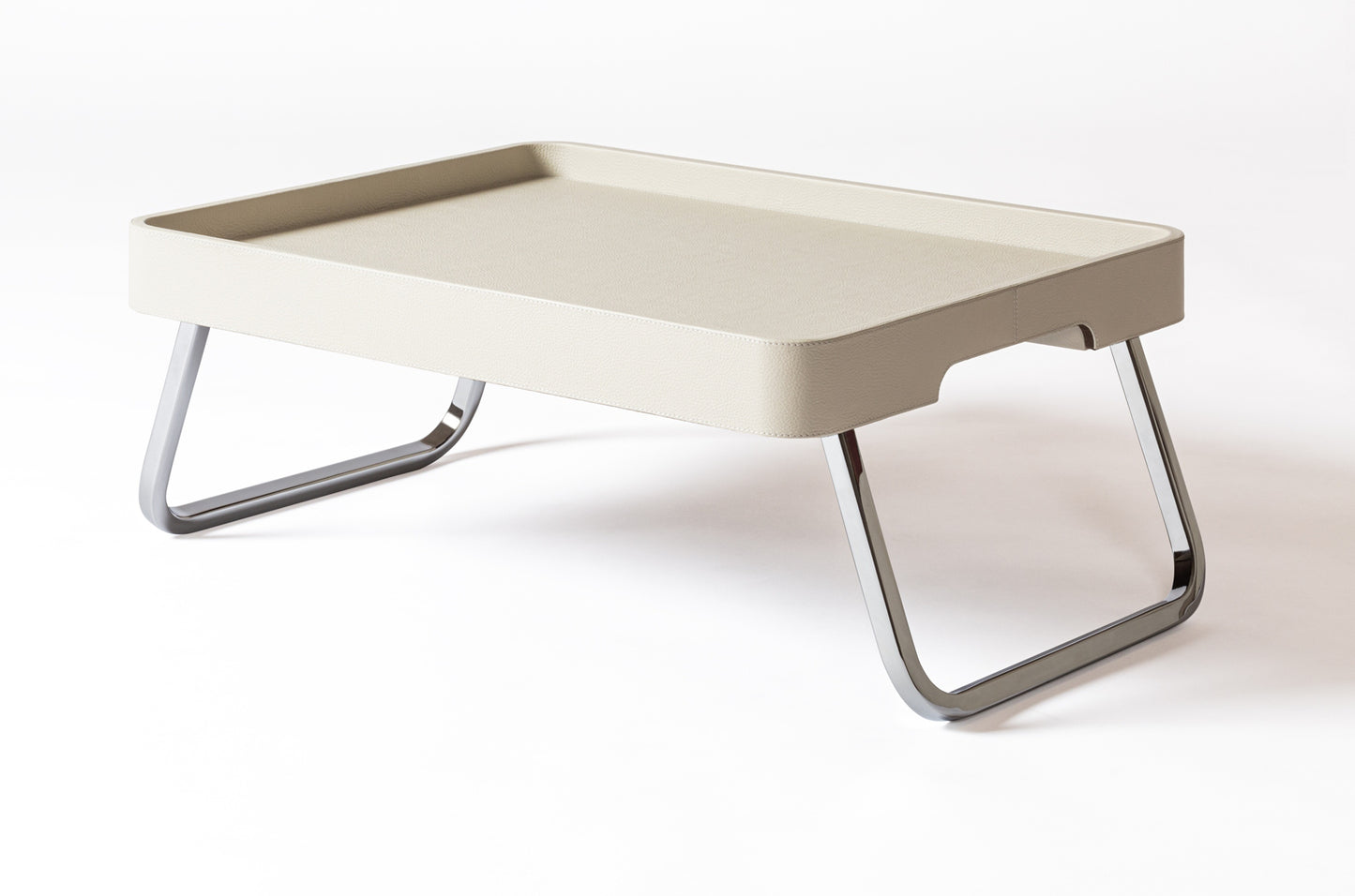 x Poltrona Frau Leather-Covered Wood Bed Tray with Chrome Metal Finishing