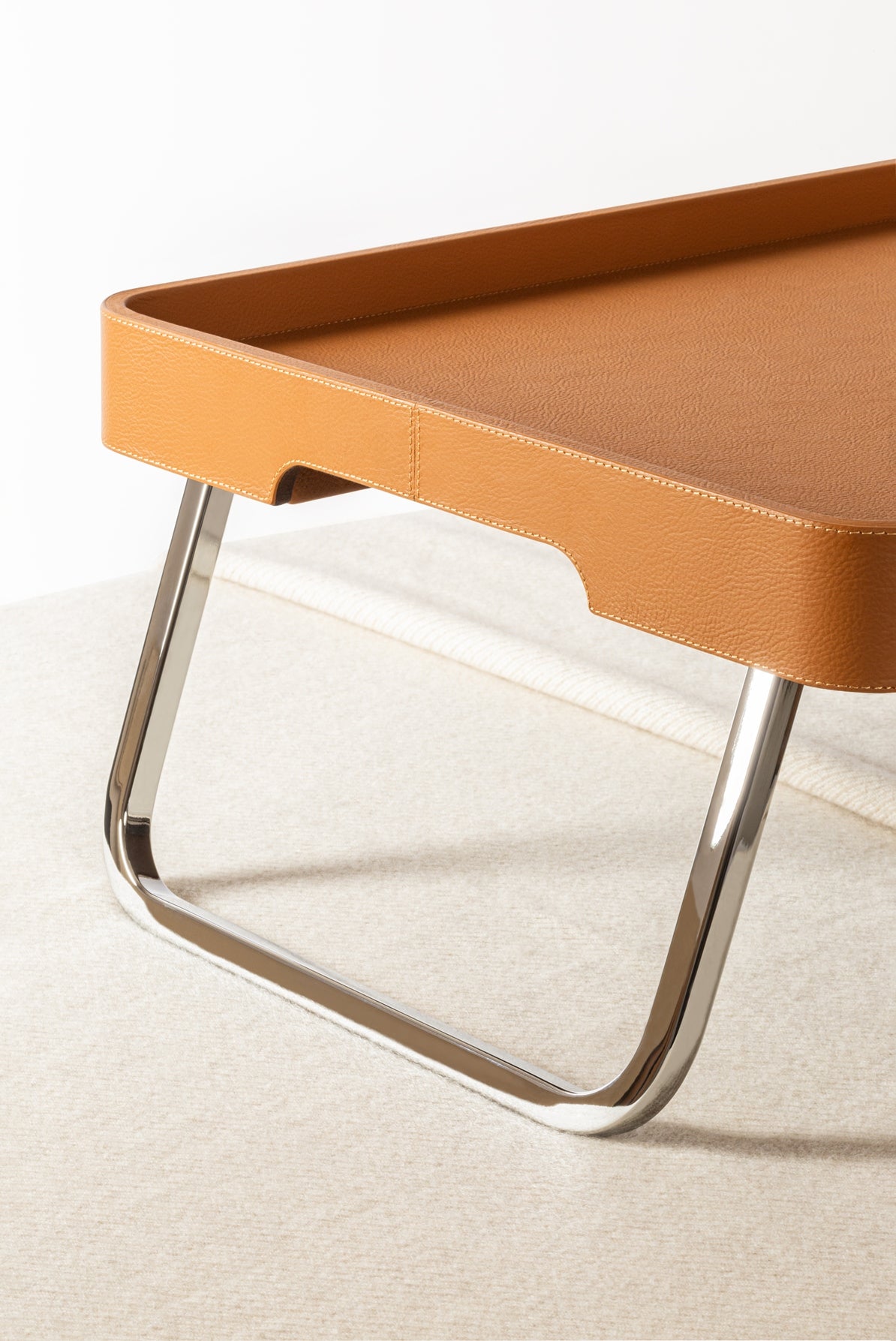 x Poltrona Frau Leather-Covered Wood Bed Tray with Chrome Metal Finishing