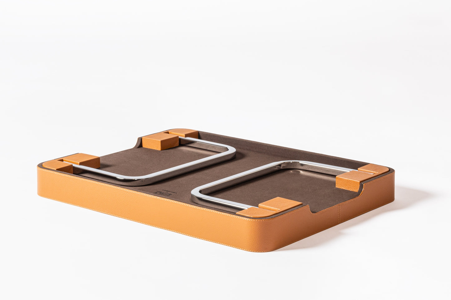 x Poltrona Frau Leather-Covered Wood Bed Tray with Chrome Metal Finishing