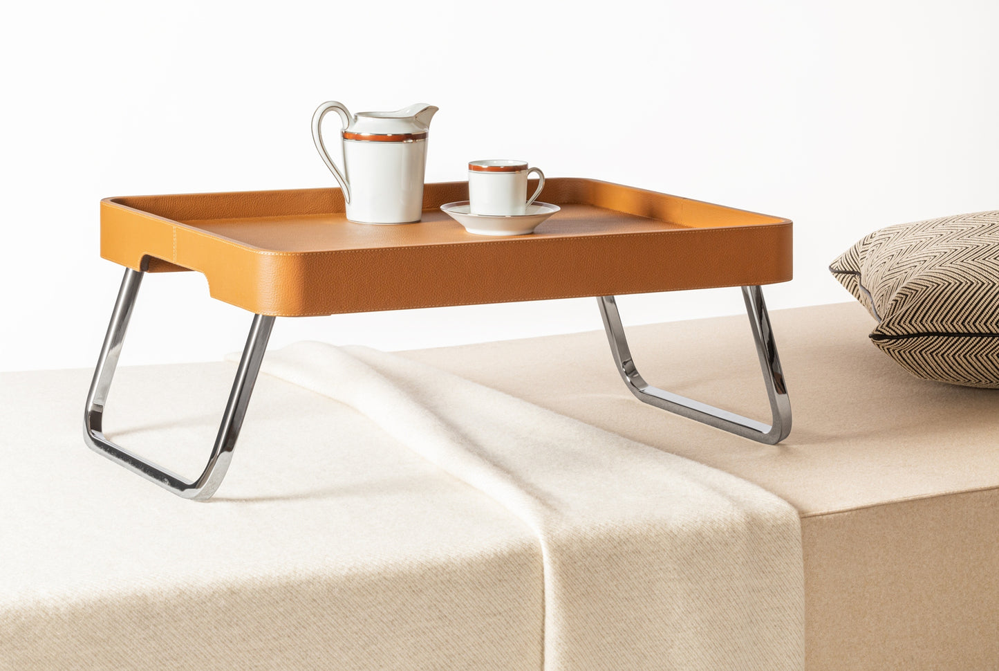 x Poltrona Frau Leather-Covered Wood Bed Tray with Chrome Metal Finishing