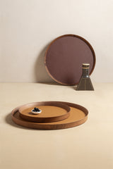x Poltrona Frau Round Walnut Wood Tray with Fine Leather Inlay
