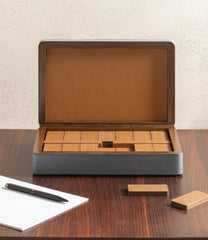 x Poltrona Frau Walnut Wood Domino Set in Leather-Covered Box