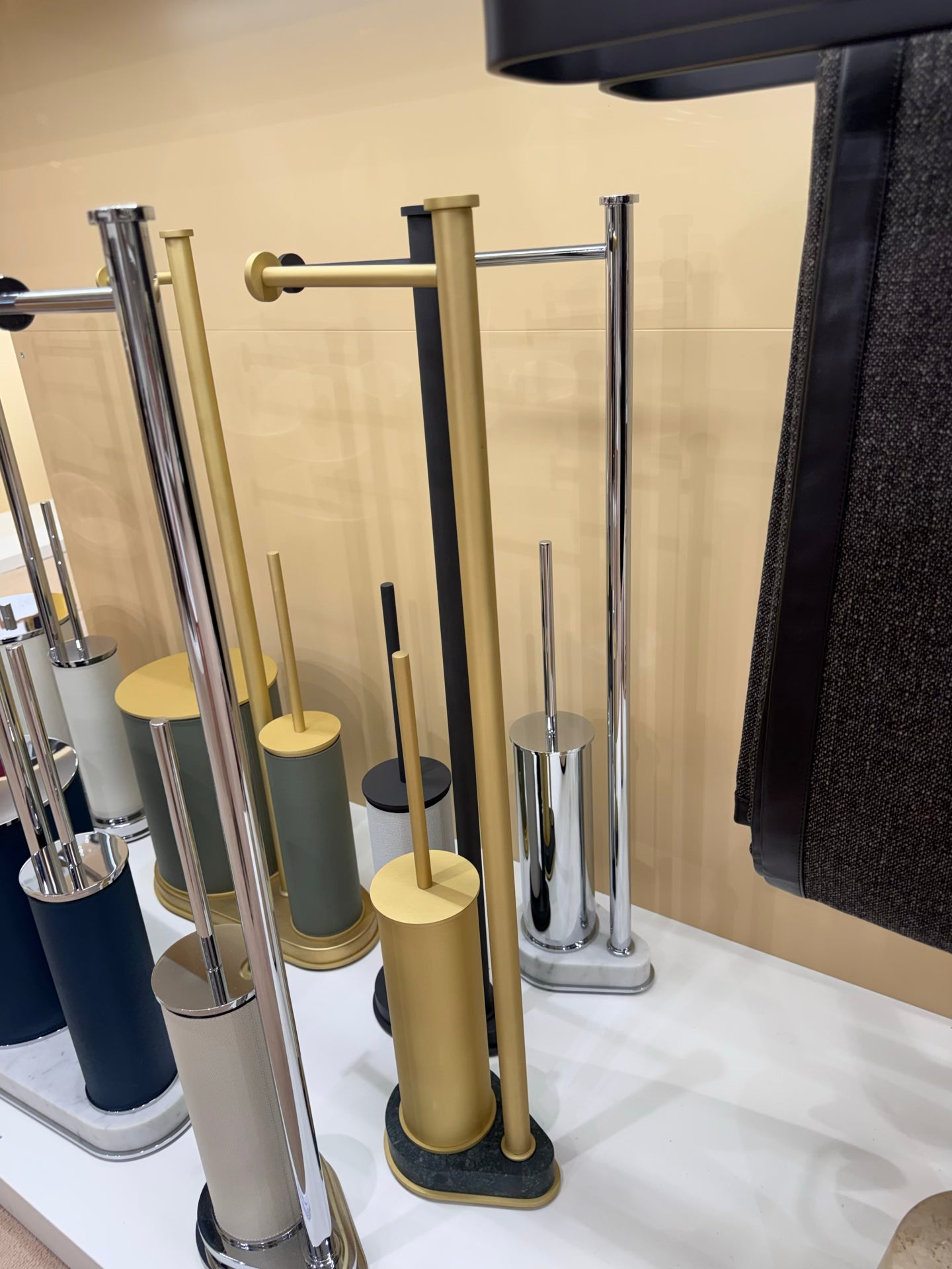 Giobagnara | Positano Freestanding Toilet Brush and Paper Holder: Integrated toilet brush and paper holder in leather, marble, or leather and marble | The Bathroom | 2Jour Concierge, your luxury lifestyle shop | luxury toilet brush holder, Giobagnara Positano, freestanding bathroom accessories, Italian designer bathroom