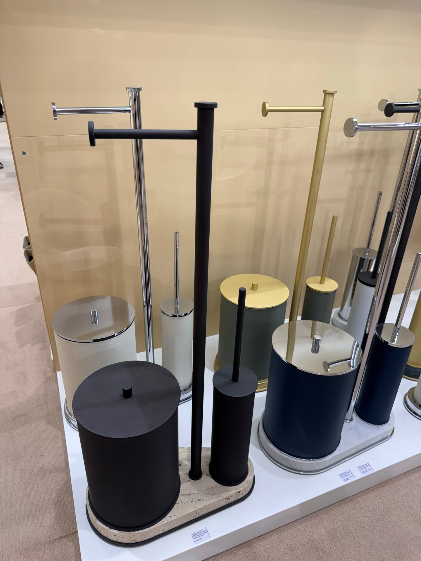 Giobagnara | Positano Freestanding Toilet Brush and Paper Holder with Bin: Integrated wastepaper bin, toilet paper holder, and brush in leather, marble, or leather and marble | The Bathroom | 2Jour Concierge, your luxury lifestyle shop | luxury bathroom unit, Giobagnara Positano, freestanding bathroom accessories