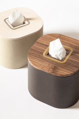 Dama Square Leather-Covered Wood Tissue Holder With Metal Detail