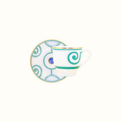 Grand Parc Limoges Porcelain Coffee Cup & Saucer with Turquoise Scroll Motif
