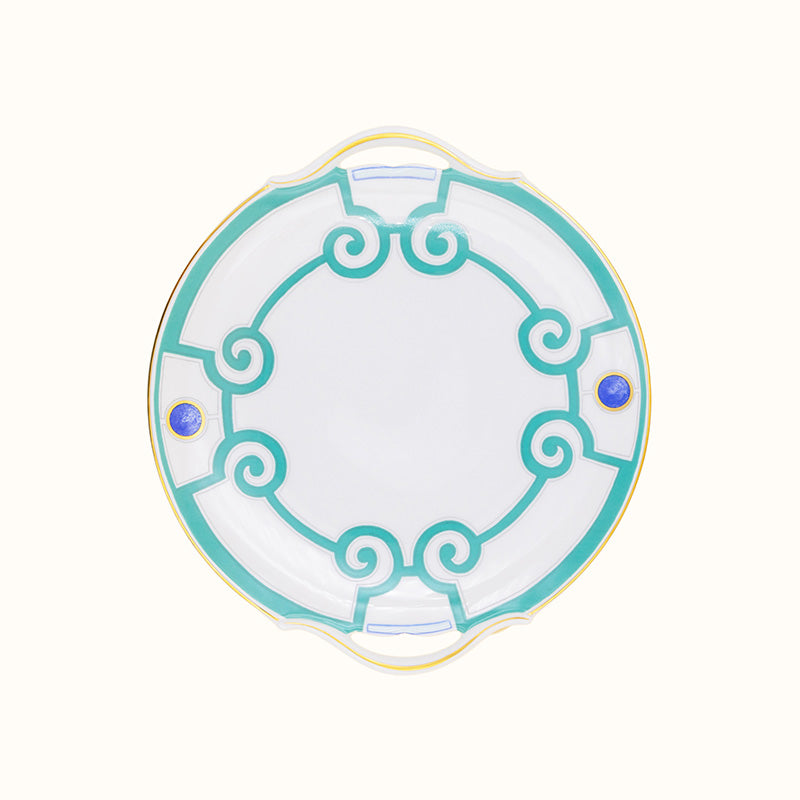 Robert Haviland & C. Parlon Grand Parc | Round Cake Dish with Handles: Fine Limoges porcelain with turquoise scroll motif and smooth, glazed finish, ideal for serving cakes or pastries with elegance | Tableware & Serveware / Cake Stands & Serving Dishes | 2Jour Concierge, your luxury lifestyle shop