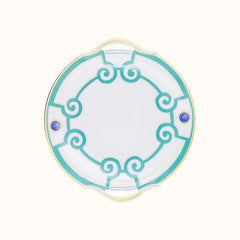 Grand Parc Limoges Porcelain Round Cake Dish with Handles & Turquoise Scroll Motif