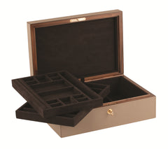 Platinum Leather-Covered Walnut Jewellery Box with Two Removable Trays