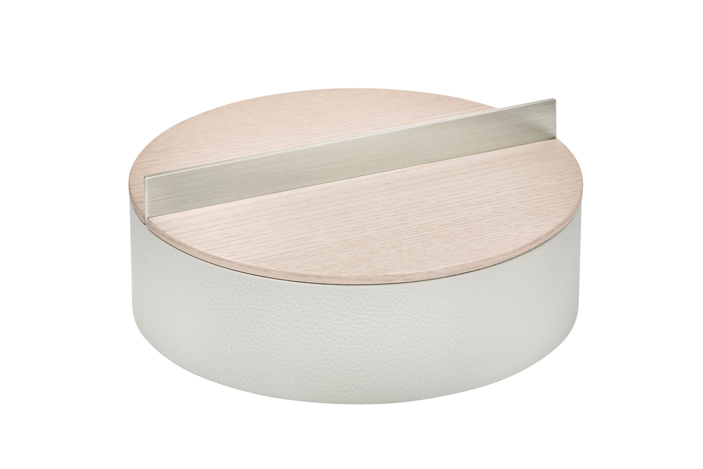 Riviere Dama Round Leather-Covered Wood Box With Brushed Metal Handle | Partially Covered in Leather | Available in Printed Calfskin Deer or Nabuk Finishes | Explore Luxury Wood Boxes at 2Jour Concierge, #1 luxury high-end gift & lifestyle shop