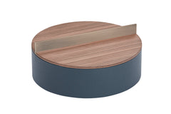 Dama Round Leather-Covered Wood Box with Brushed Metal Handle Large Low