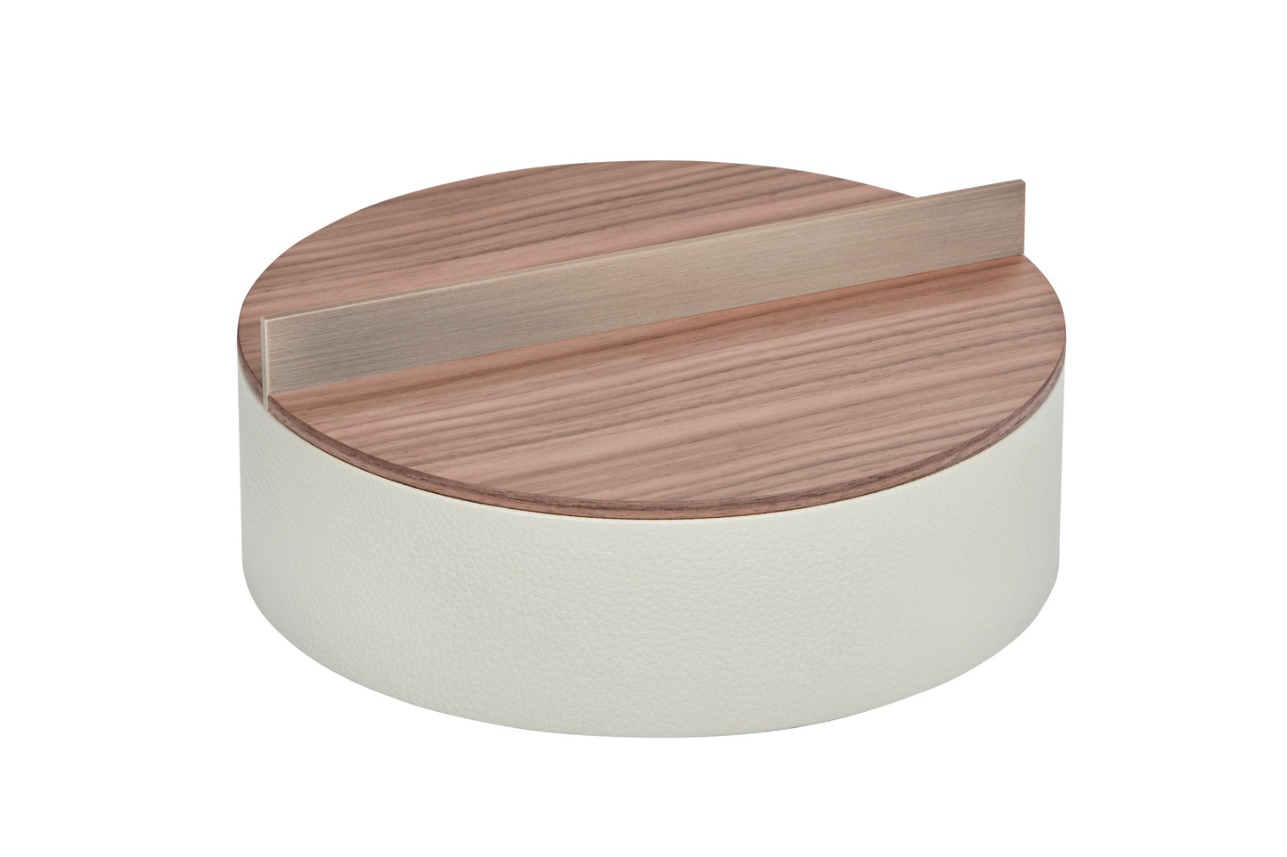 Dama Round Leather-Covered Wood Box with Brushed Metal Handle Large Low
