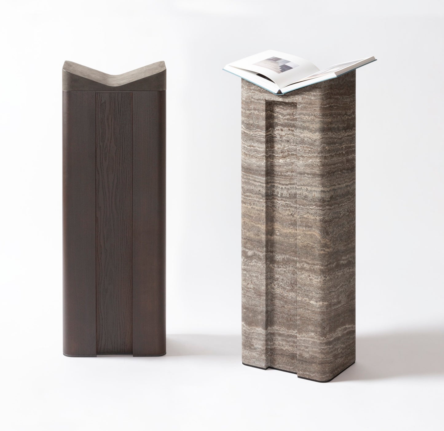 Giobagnara × Glenn Sestig | Lloyd Floor Bookstand: Leather, wood, or travertine construction with optional dark walnut, wenge, or marble finishes | Décor / Stands | 2Jour Concierge, your luxury lifestyle shop | contemporary interiors, collectible design, architectural silhouette, refined materials