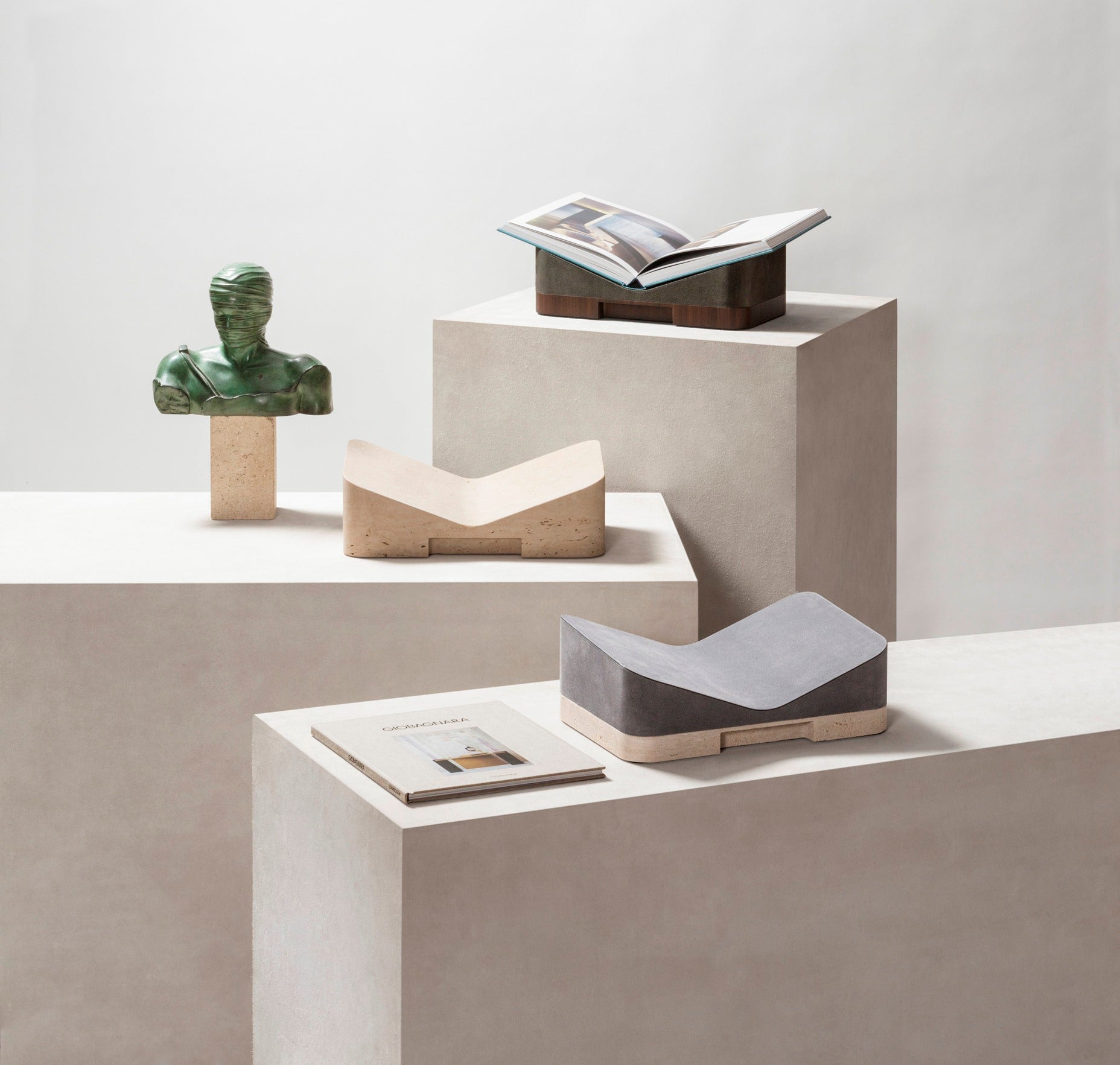 Giobagnara x Glenn Sestig Lloyd Bookstand | Versatile bookstand crafted in luxurious leather and solid wood—choose between dark-stained Canaletto walnut or wenge finishes—and also available in leather with travertine marble or full travertine marble constructions | Crafted in Italy by Giobagnara in collaboration with designer Glenn Sestig | Home Decor / Desk Accessories | 2Jour Concierge, your luxury lifestyle shop