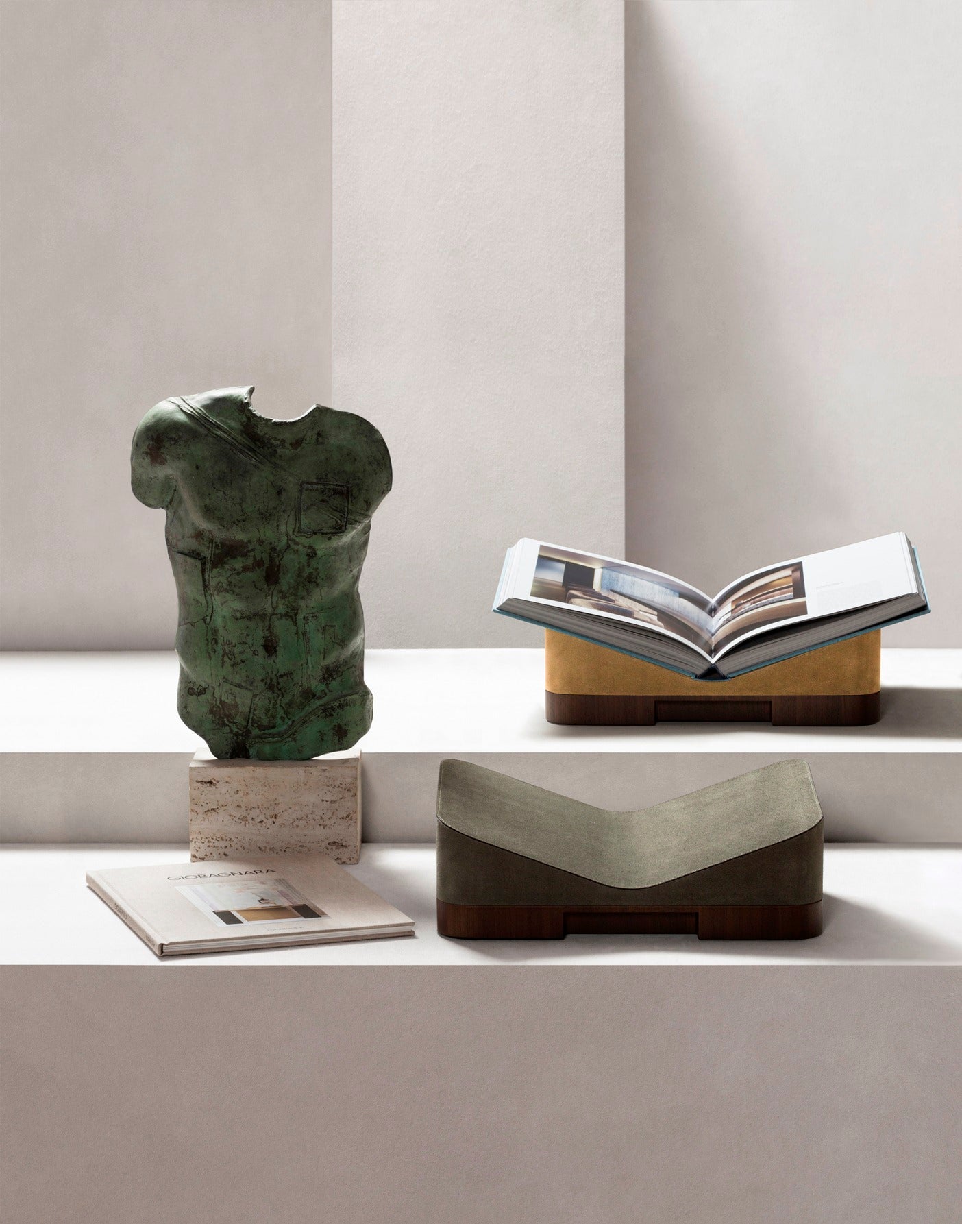 Giobagnara x Glenn Sestig Lloyd Bookstand | Versatile bookstand crafted in luxurious leather and solid wood—choose between dark-stained Canaletto walnut or wenge finishes—and also available in leather with travertine marble or full travertine marble constructions | Crafted in Italy by Giobagnara in collaboration with designer Glenn Sestig | Home Decor / Desk Accessories | 2Jour Concierge, your luxury lifestyle shop