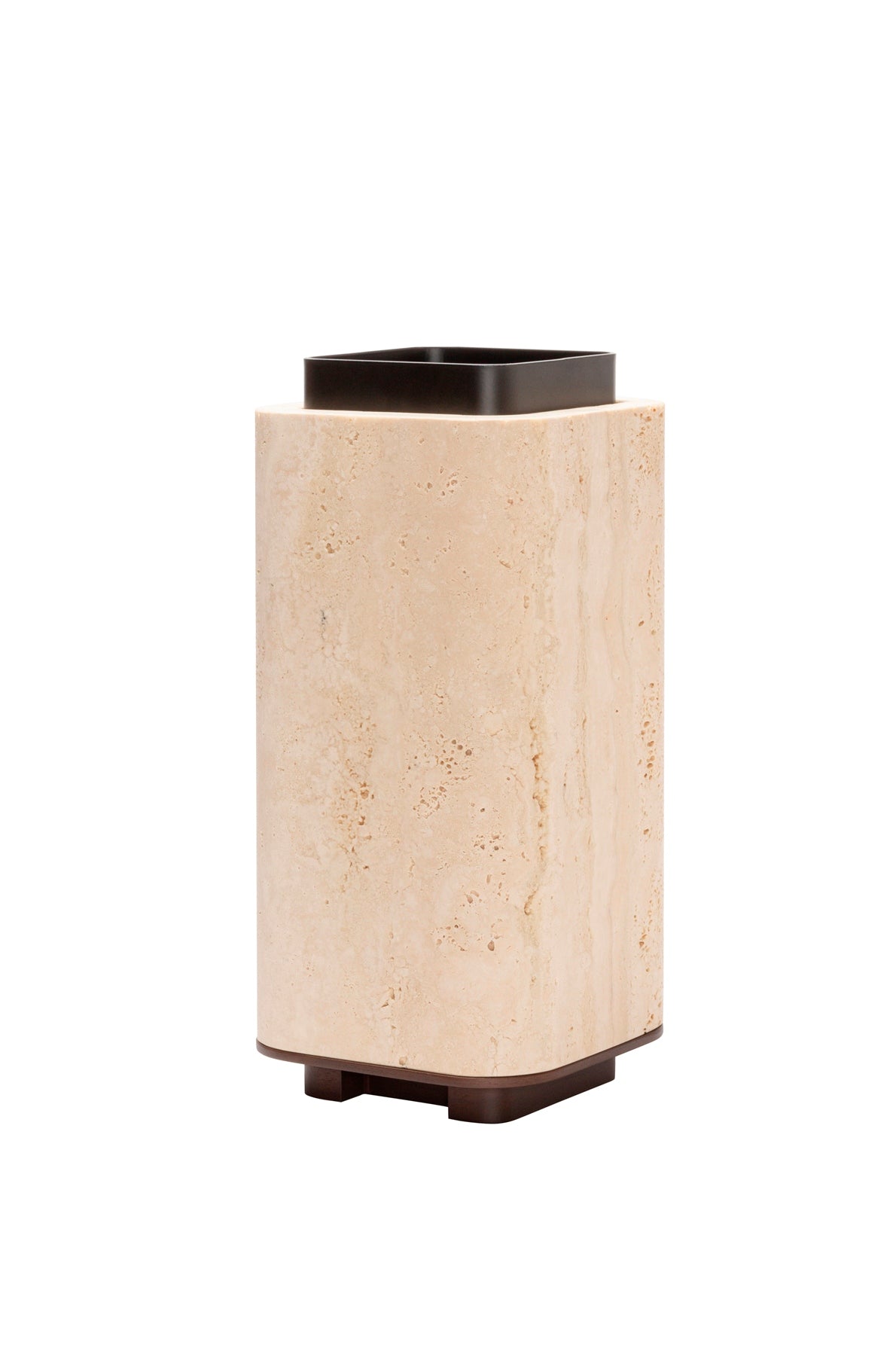 x Glenn Sestig Lloyd Travertine Marble Vase with Bronze Container and Wood Base