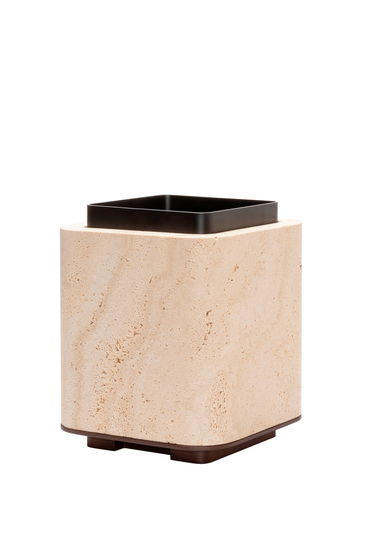 Giobagnara x Glenn Sestig Lloyd Vase | Travertine structure with a removable burnished-brushed bronze container seated on a walnut- or wenge-finished wood base, blending organic stone with metallic warmth | Crafted in Italy by Giobagnara in collaboration with designer Glenn Sestig | Home Decor / Vases | 2Jour Concierge, your luxury lifestyle shop
