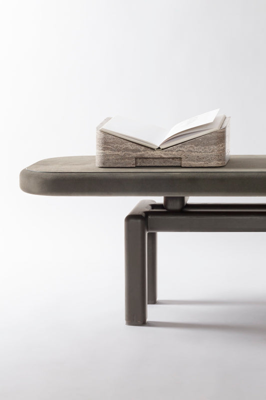 Giobagnara × Glenn Sestig | Lloyd Low Console: Leather and Canaletto walnut with iron or brushed bronze feet | Furniture / Console Tables + Étageres | 2Jour Concierge, your luxury lifestyle shop | architectural furniture, refined craftsmanship, Italian modern design, bespoke interiors