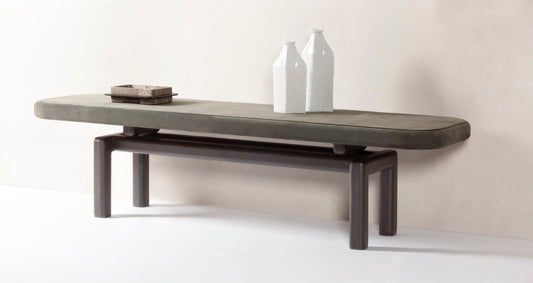 Giobagnara × Glenn Sestig | Lloyd Low Console: Leather and Canaletto walnut with iron or brushed bronze feet | Furniture / Console Tables + Étageres | 2Jour Concierge, your luxury lifestyle shop | architectural furniture, refined craftsmanship, Italian modern design, bespoke interiors