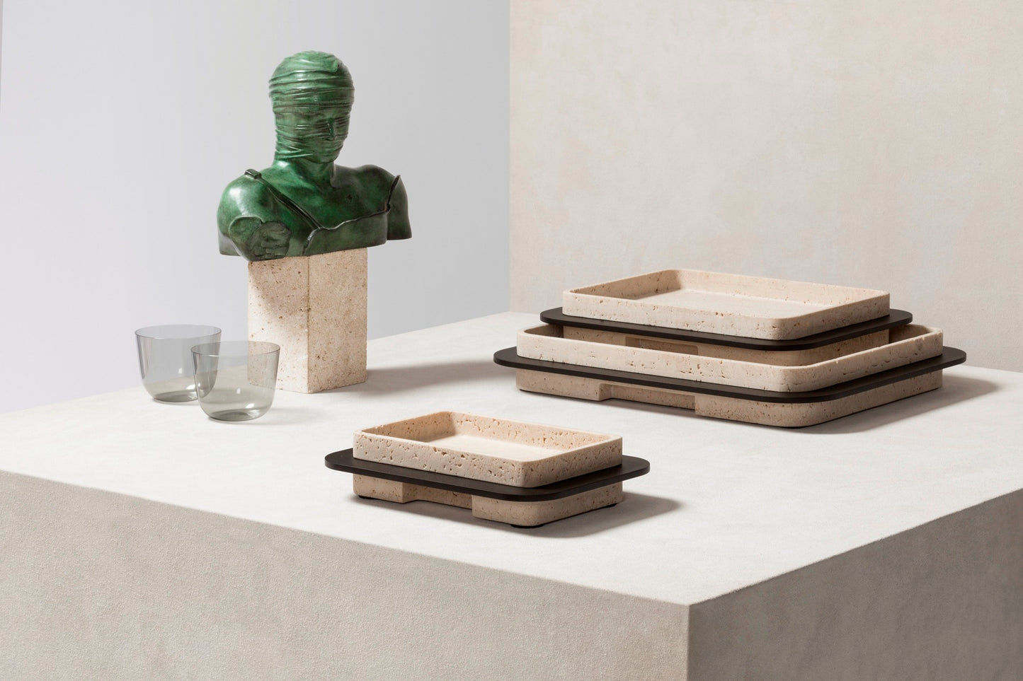 x Glenn Sestig Lloyd Tray: Travertine Marble w Burnished Bronze Frame, Rectangular