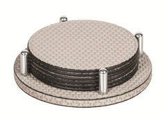 David Leather-Covered Wood Coaster Holder Round with 6 Leather Coasters
