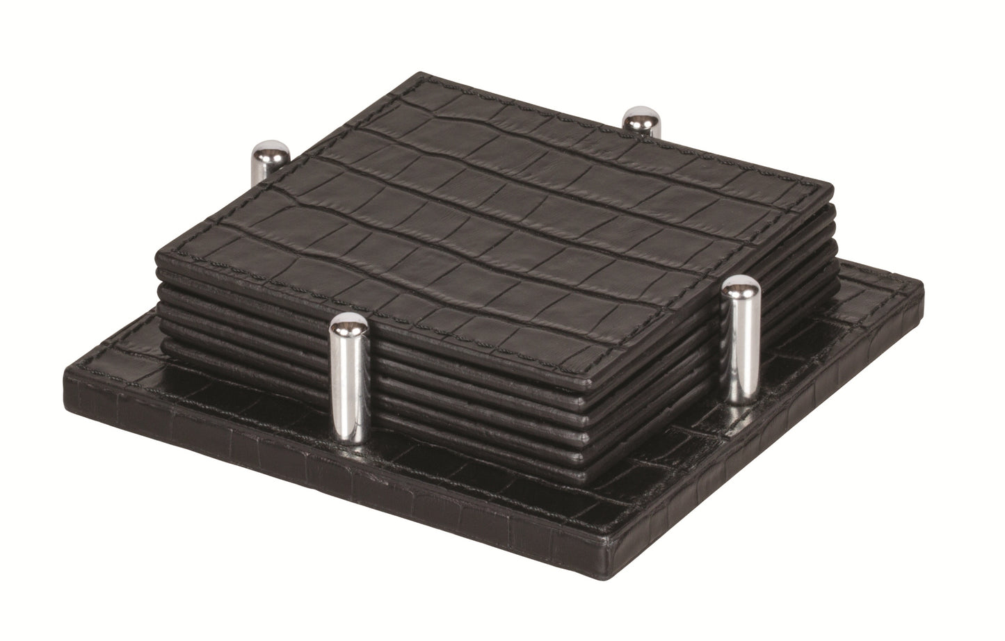 Giobagnara David Coaster Holder with 6 Tao Coasters | Leather-covered wood structure designed to hold 6 Tao coasters | Tao Coasters feature an all-leather structure, semi-flexible and waterproof | Elegant and functional set | Home Decor and Serveware | 2Jour Concierge, your luxury lifestyle shop