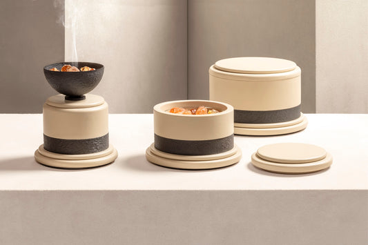 Giobagnara | Dune Makhara Incense Burner: Leather-covered incense burner with hammered metal bowl | Decor / Vases + Candle Holders | 2Jour Concierge, your luxury lifestyle shop | luxury decorative ritual objects, premium incense accessories for expensive interiors, meditation spaces, and curated living environments