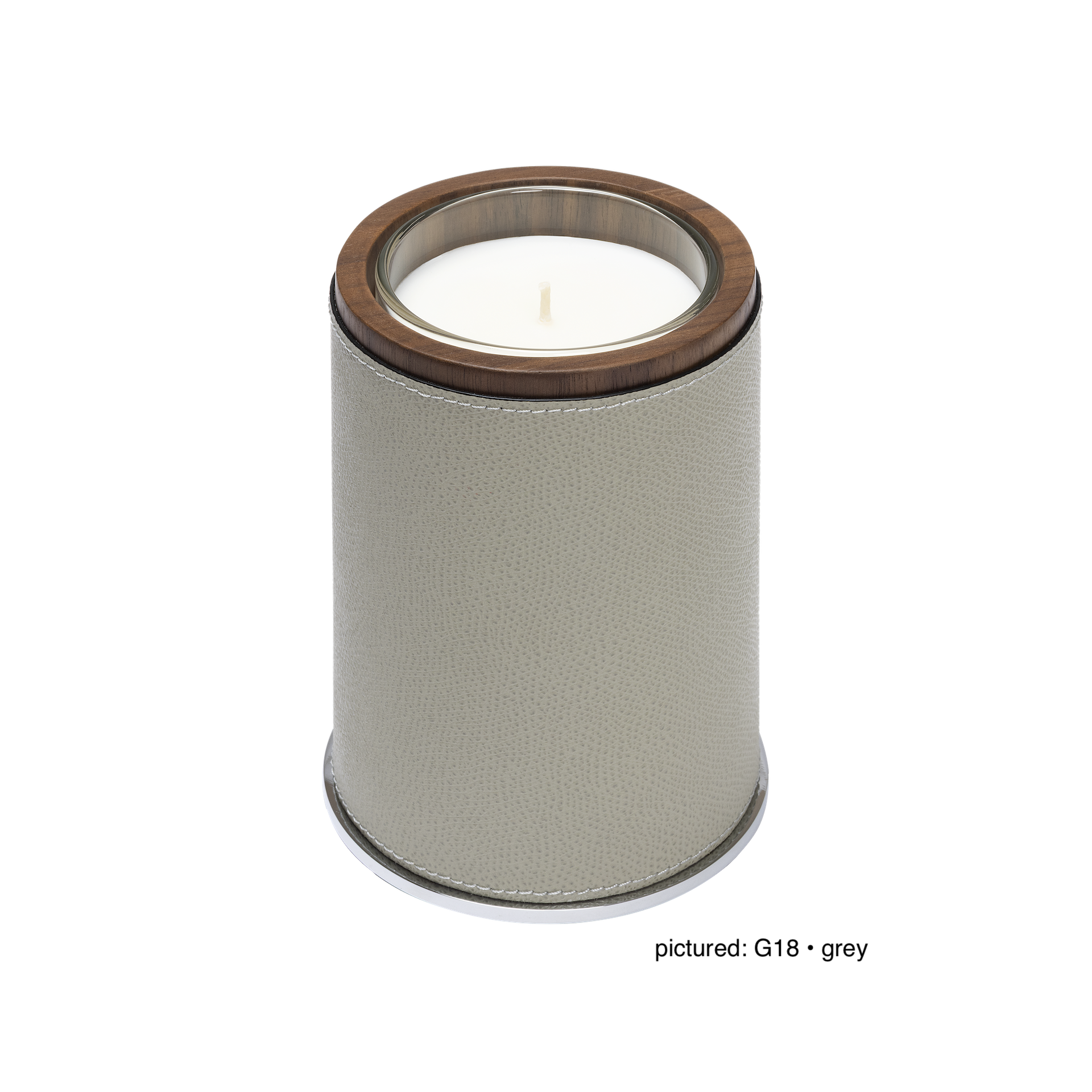 Giobagnara Positano | Candle Holder: Leather with walnut wood trim and metal base, smooth finish, with removable wax candle insert | Decor / Vases & Candle Holders | 2Jour Concierge, your luxury lifestyle shop | luxury interiors, hospitality décor, elegant living, designer home accessories, boutique hotels, refined lifestyle, yacht décor