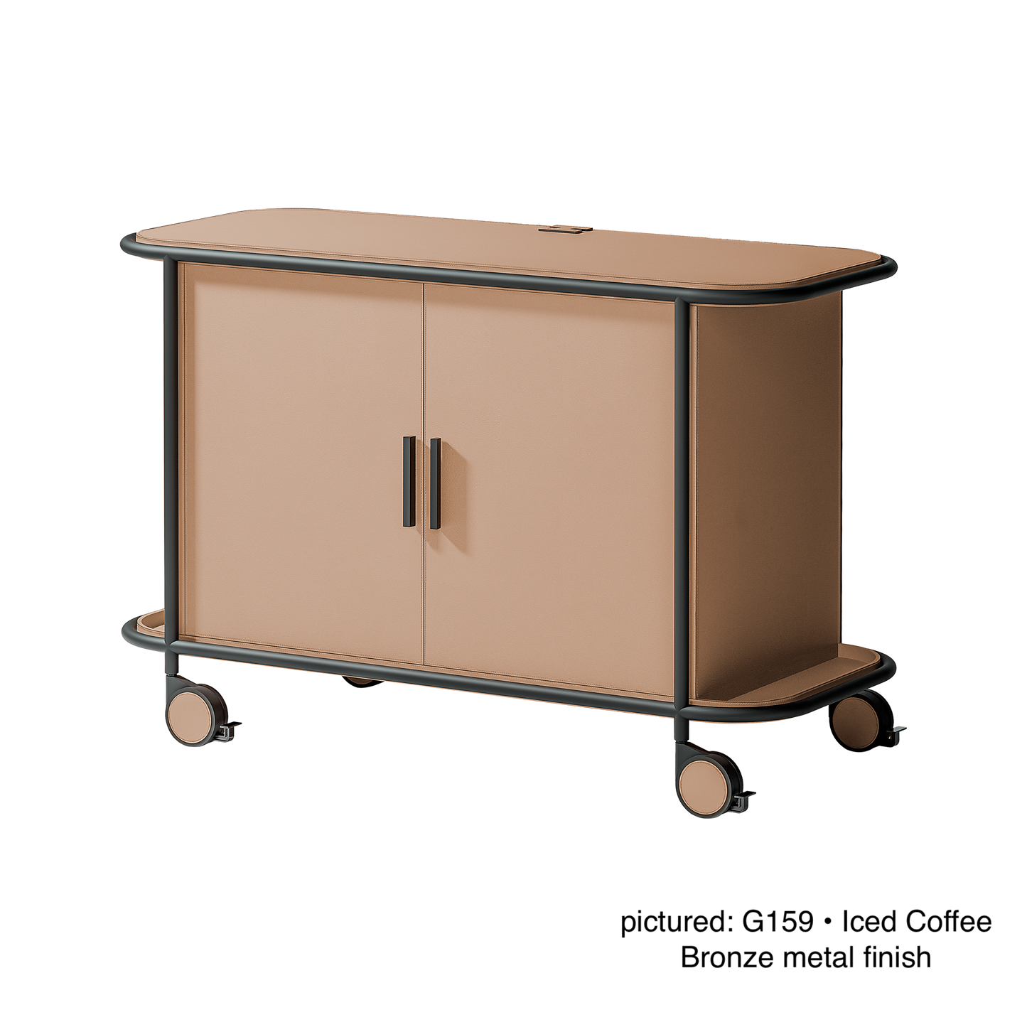 Giobagnara | Arcade Bar Cart: Leather-covered wood bar cart with configurable storage, capsule, shelving, and fridge options | Serveware + Hospitality / Coffee & Tea Organizers | 2Jour Concierge, your luxury lifestyle shop | premium hospitality furniture for expensive interiors, luxury bar and coffee service, hotel suites, private residences, and executive office spaces