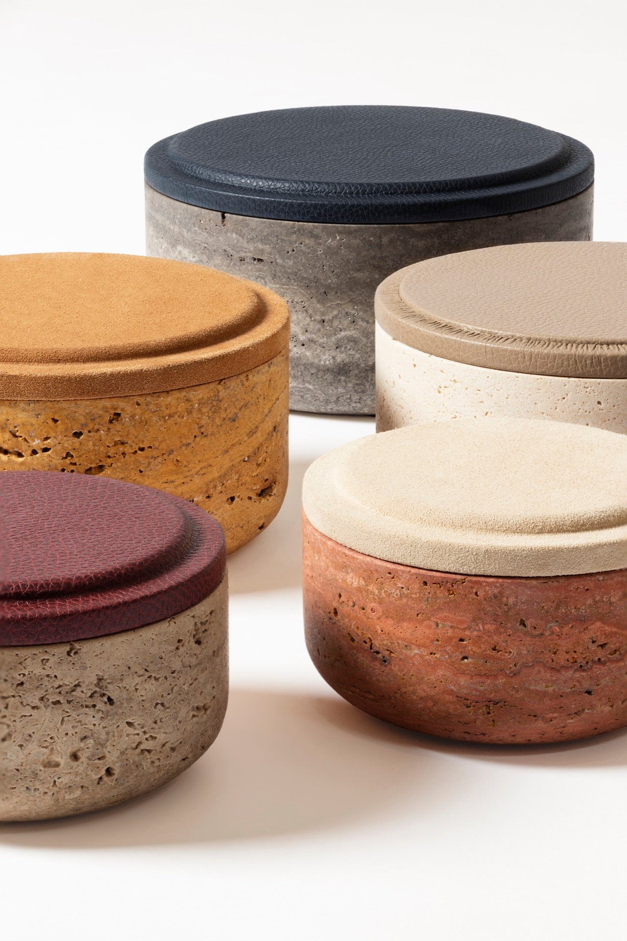 Giobagnara | Naxos Leather & Marble Bowl: Travertine marble bowl with leather-covered lid in multiple sizes | Decor / Trinket Boxes | 2Jour Concierge, your luxury lifestyle shop | luxury decorative storage, premium stone objects for expensive interiors, bedside tables, desks, and curated shelving