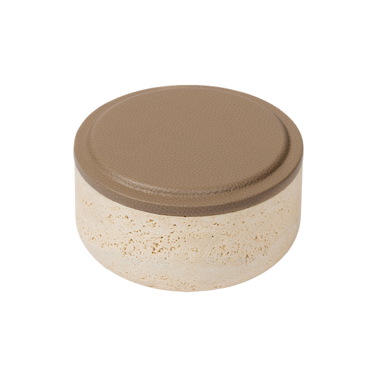 Giobagnara | Naxos Leather & Marble Bowl: Travertine marble bowl with leather-covered lid in multiple sizes | Decor / Trinket Boxes | 2Jour Concierge, your luxury lifestyle shop | luxury decorative storage, premium stone objects for expensive interiors, bedside tables, desks, and curated shelving