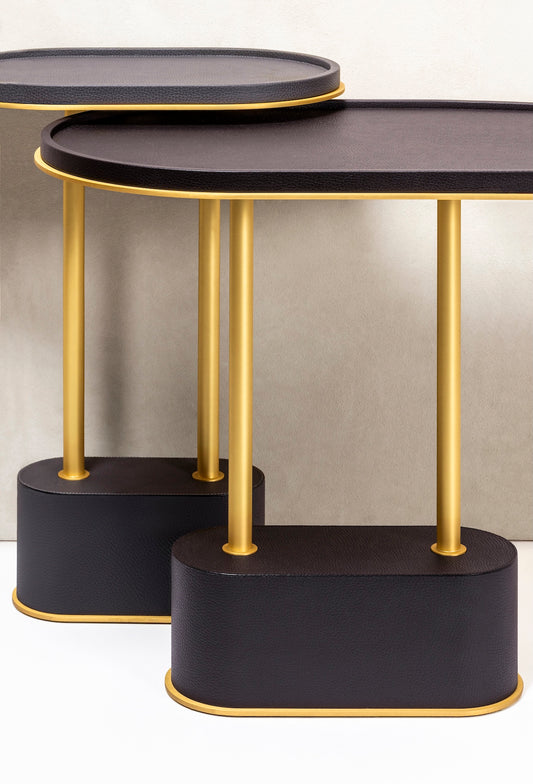 Sorrento Leather-Covered Oval Side Table with Metal Base