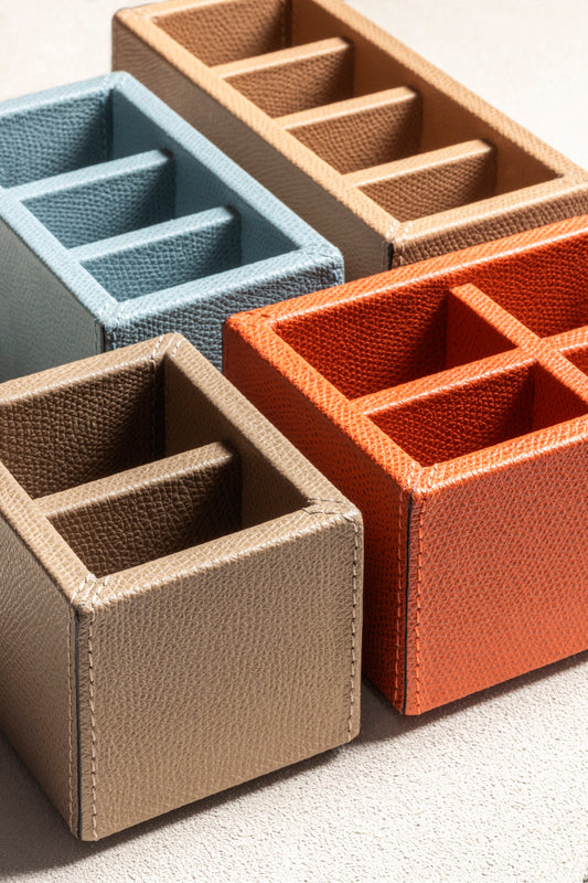 Giobagnara | Ritz Sugar Packet Holder: Leather-covered sugar packet holder with internal dividers | Serveware + Hospitality / Tabletop + Condiment Accessories | 2Jour Concierge, your luxury lifestyle shop | premium tabletop organization for expensive interiors, coffee service, hospitality counters, and curated table settings