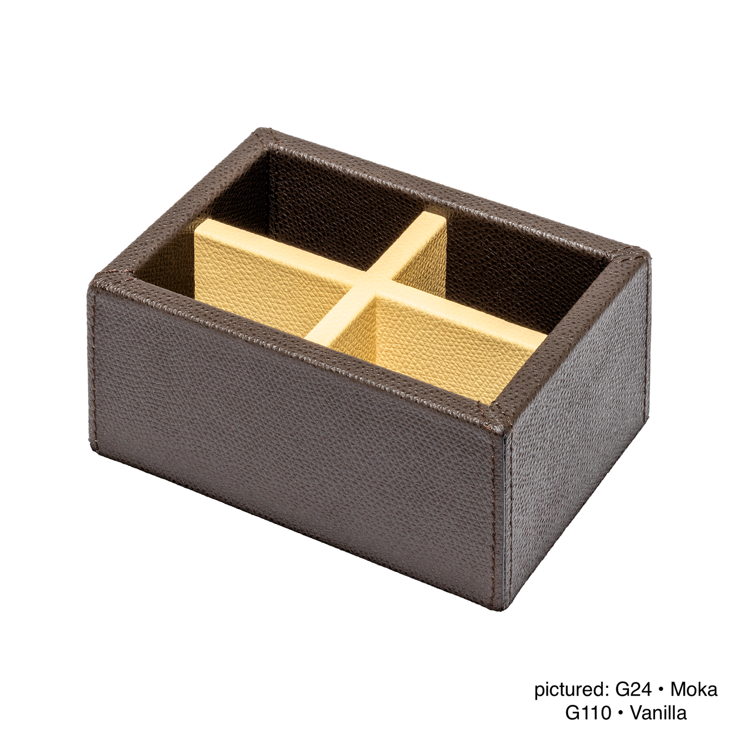 Giobagnara | Ritz Sugar Packet Holder: Leather-covered sugar packet holder with internal dividers | Serveware + Hospitality / Tabletop + Condiment Accessories | 2Jour Concierge, your luxury lifestyle shop | premium tabletop organization for expensive interiors, coffee service, hospitality counters, and curated table settings