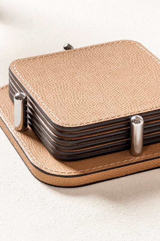Giobagnara | David Coaster Holder with 6 Tao Coasters: Leather-covered wood coaster holder with configurable shapes and finishes | Serveware + Hospitality / Coasters | 2Jour Concierge, your luxury lifestyle shop | premium table accessories for expensive interiors, dining tables, coffee tables, and refined hospitality spaces