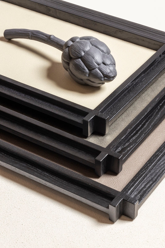 Giobagnara | Structura Tray: Walnut or wenge wood tray with leather inlay in multiple sizes | Serveware + Hospitality / Trays | 2Jour Concierge, your luxury lifestyle shop | luxury decorative storage, premium trays for expensive interiors, consoles, dining settings, and curated surfaces
