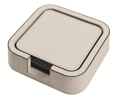 Tao Leather-Covered Wood Coaster Holder Square Rounded with 6 Leather Coasters
