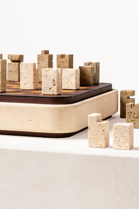 Giobagnara | Rodi Chess: Travertine chess set with leather-covered board and integrated storage | Games / Chess Sets | 2Jour Concierge, your luxury lifestyle shop | premium game sets for expensive interiors, private libraries, studies, and curated living rooms