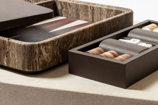 Giobagnara | Rodi Backgammon: Travertine backgammon set with leather-covered board and integrated storage | Games / Backgammon Sets | 2Jour Concierge, your luxury lifestyle shop | high-end game sets for expensive interiors, entertainment rooms, private lounges, and refined hospitality spaces