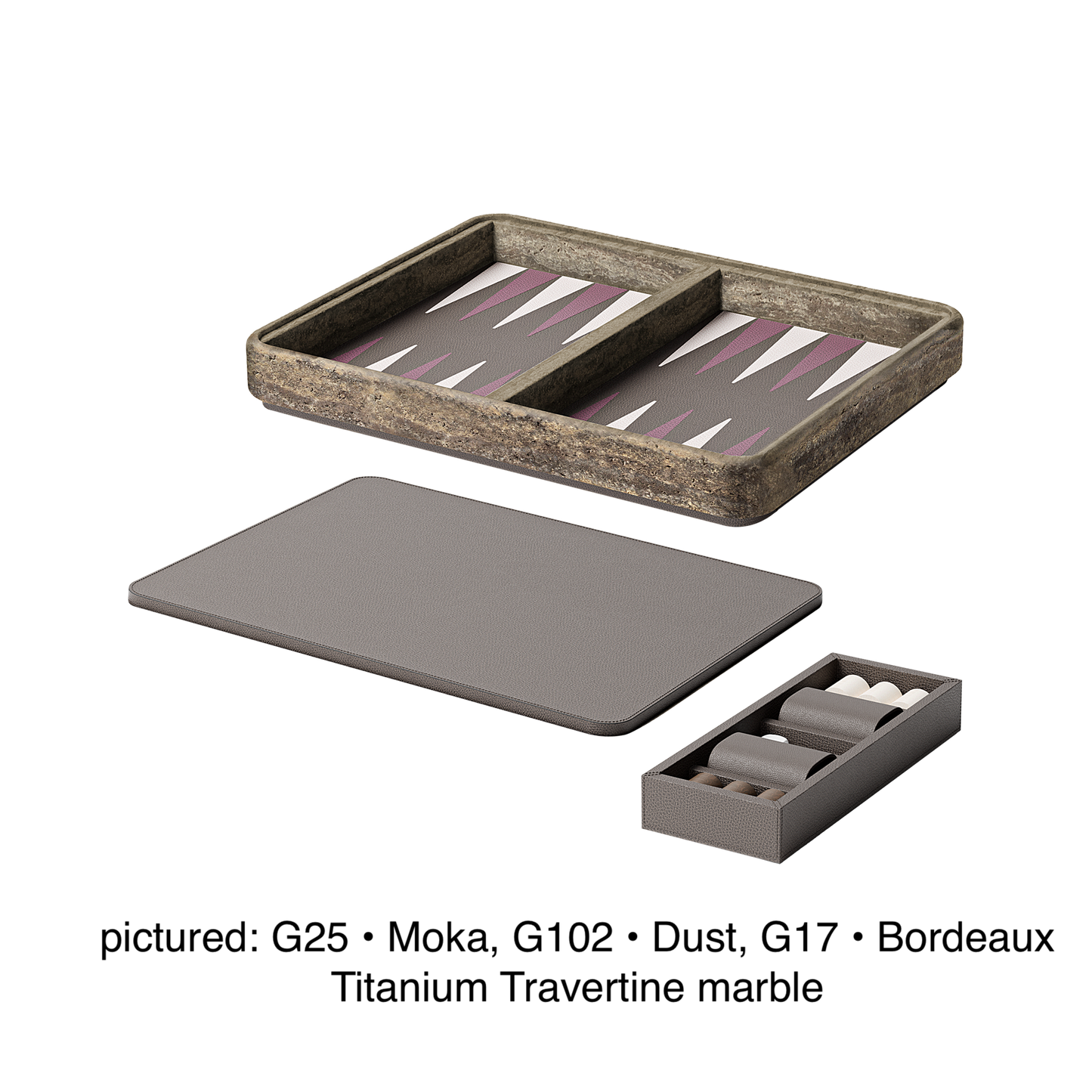 Giobagnara | Rodi Backgammon: Travertine backgammon set with leather-covered board and integrated storage | Games / Backgammon Sets | 2Jour Concierge, your luxury lifestyle shop | high-end game sets for expensive interiors, entertainment rooms, private lounges, and refined hospitality spaces
