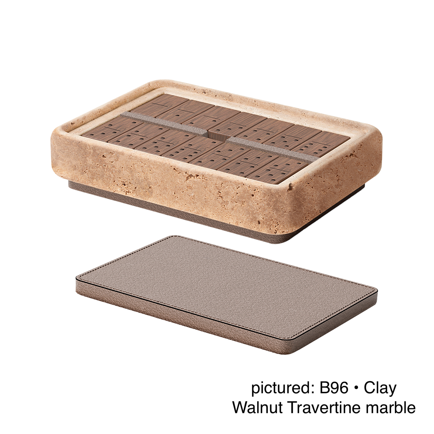 Giobagnara | Rodi Domino: Travertine domino game set with wooden tiles and leather-covered lid | Games / Domino Game Sets | 2Jour Concierge, your luxury lifestyle shop | luxury game objects, premium table games for expensive interiors, living rooms, libraries, and curated leisure spaces