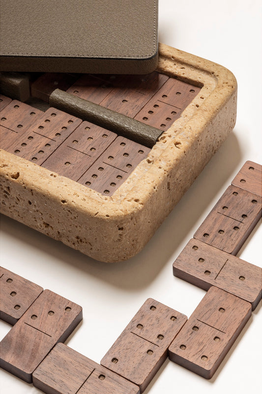 Giobagnara | Rodi Domino: Travertine domino game set with wooden tiles and leather-covered lid | Games / Domino Game Sets | 2Jour Concierge, your luxury lifestyle shop | luxury game objects, premium table games for expensive interiors, living rooms, libraries, and curated leisure spaces