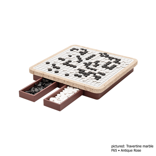 Giobagnara | Delos Go Game Set Marble: Arabescato white or travertino top with digital-printed leather playing field and Corian® beads | Game Room | 2Jour Concierge, your luxury lifestyle shop | luxury go game marble, Giobagnara Delos, marble game board, Italian designer game set