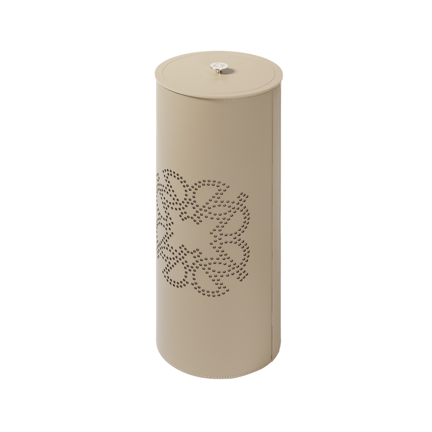 Giobagnara × Elie Saab Ecusson | Wastepaper Bin: Reinforced Tecnocuoio® leather with perforated monogram motif, palladium details, and removable acrylic inner container, available with or without lid | Office + Tech / Bins | 2Jour Concierge, your luxury lifestyle shop | luxury interiors, hospitality décor, elegant living, designer office accessories, boutique hotels, refined lifestyle, yacht décor, executive interiors