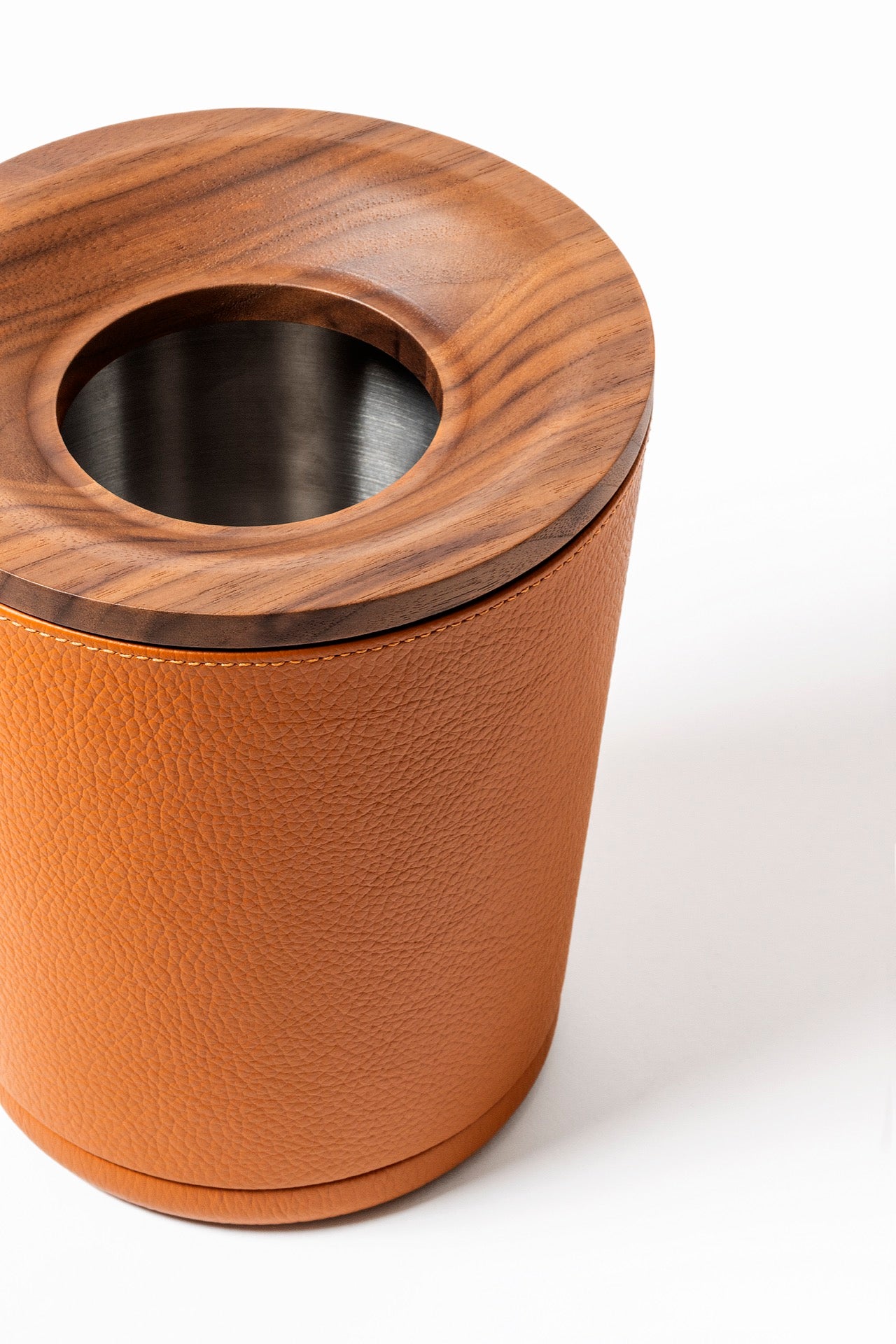 Giobagnara | Table Waste Bin Pelle Frau®: Leather-covered walnut bin with steel insert | Tabletop & Condiment Accessories | 2Jour Concierge | luxury tabletop accessories and waste solutions